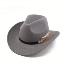 Gray Western Cowboy Cowgirl Hat Felt Wide Brim Fedora with Gold Leaf Accent