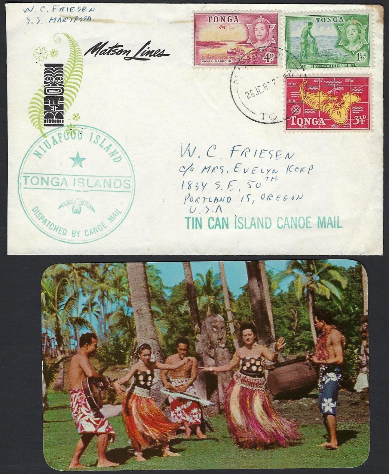 TONGA 1960 CANOA CORREO ENVIADO EN EL MAR EN SS MARIPOSA POSTAL ADJUNTA