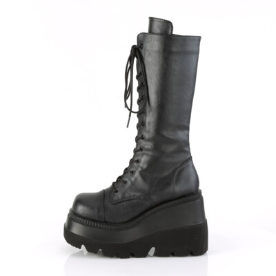 Demonia Shaker-72 Black Vegan Leather Platform Wedge Boots • Ships in 2-4 