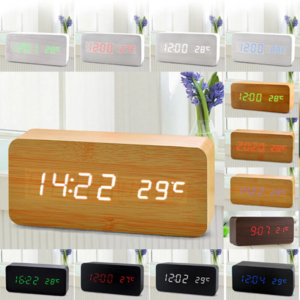 Звуковой контроль деревянный USB/AA LED цифровой будильник настольные часы календарь термометр - Изображение 2 из 4