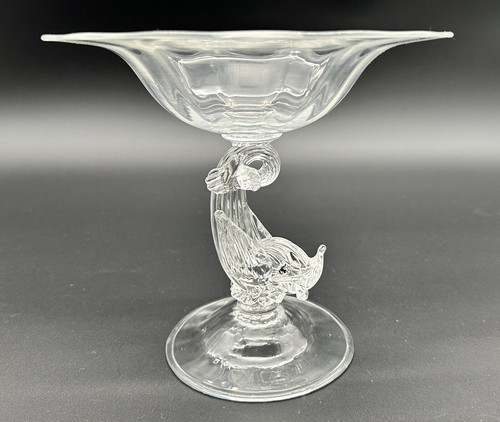 Blown Glass Footed Pedestal Bowl Compote Dolphin Stem 7.25" Excellent - 第 6/10 張圖片