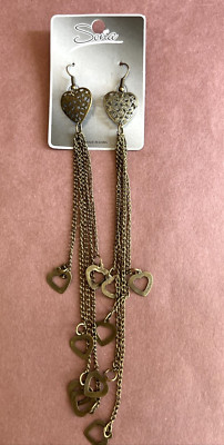 SONA Brass Tone Extra Long Heart Earrings With Chains And Heart Dangles NWT