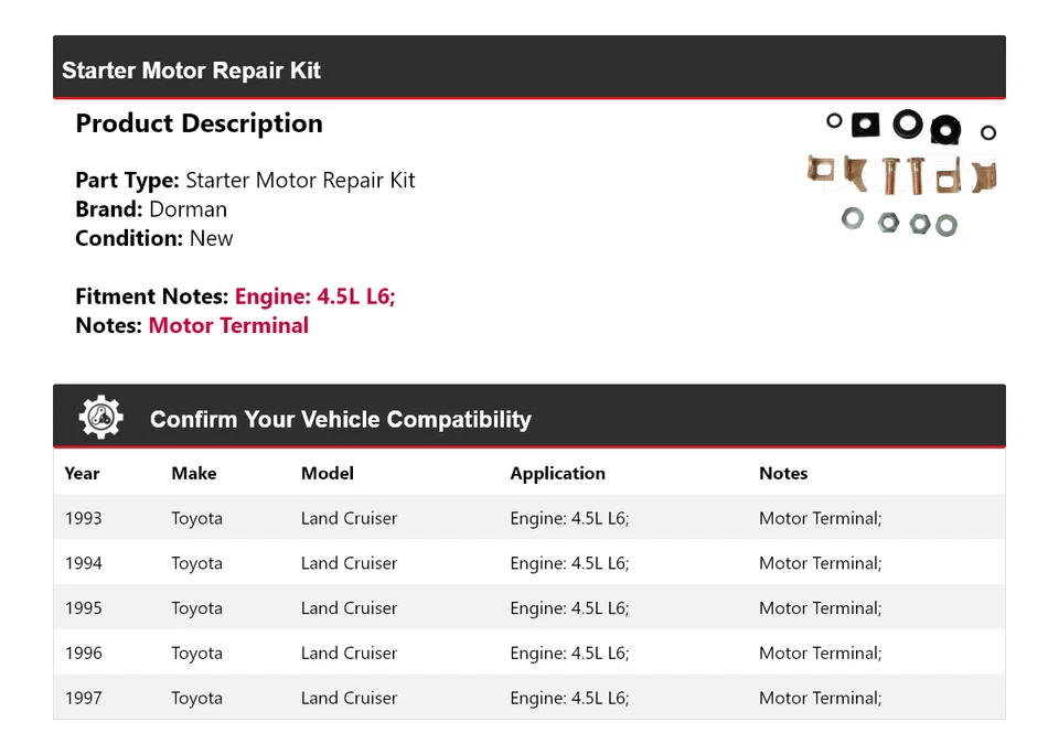 For 1993-1997 Toyota Land Cruiser 4.5L L6 Dorman Starter Motor Repair Kit 1994 - Image 2 of 4