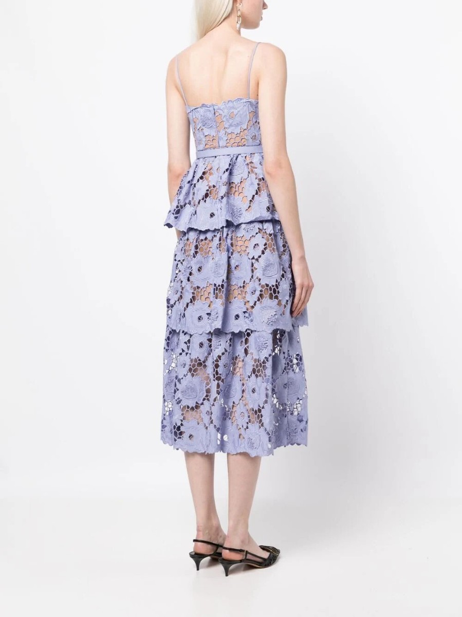 NEW SELF-PORTRAIT Lilac 3d Cotton Lace Midi Dress In Purple