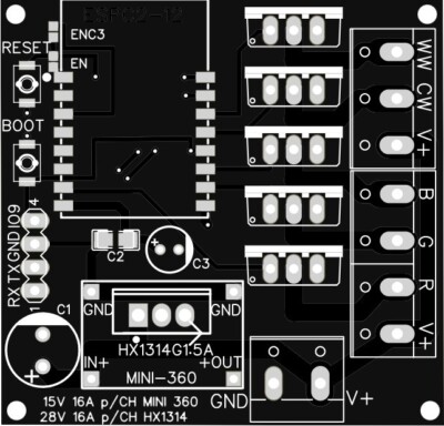 PCB Board RGBWW LED Strip 5xPWM für/for ESPC2-12/ESP-C12F (ESP32-C3) WIFI Modul