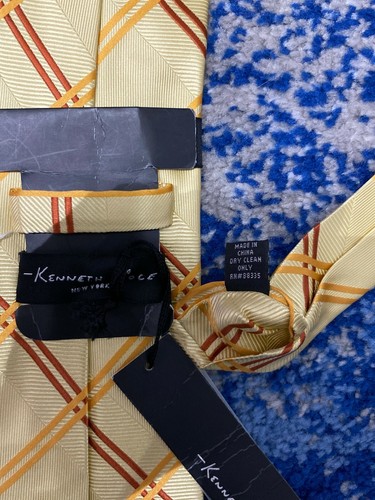 NEW Kenneth Cole Yellow Gold Rust Bias Plaid Handmade Silk Necktie - Picture 5 of 5
