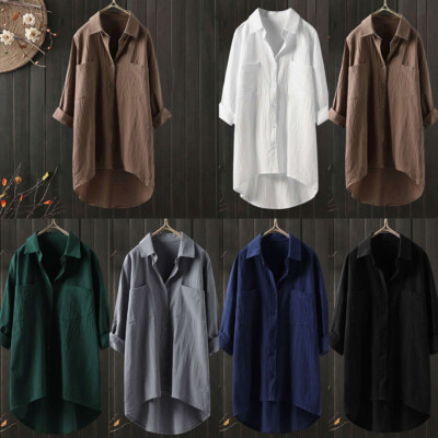 Plus Size Women Linen Cotton Shirt Dress Casual Baggy Tunic Long Blouse Tops US
