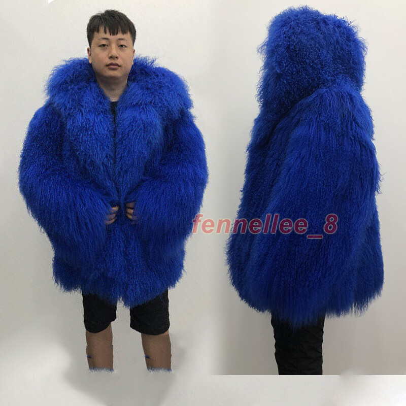 Men's Real Mongolian Lamb Sheep Coat Curly Long Fur Hooded Jacket