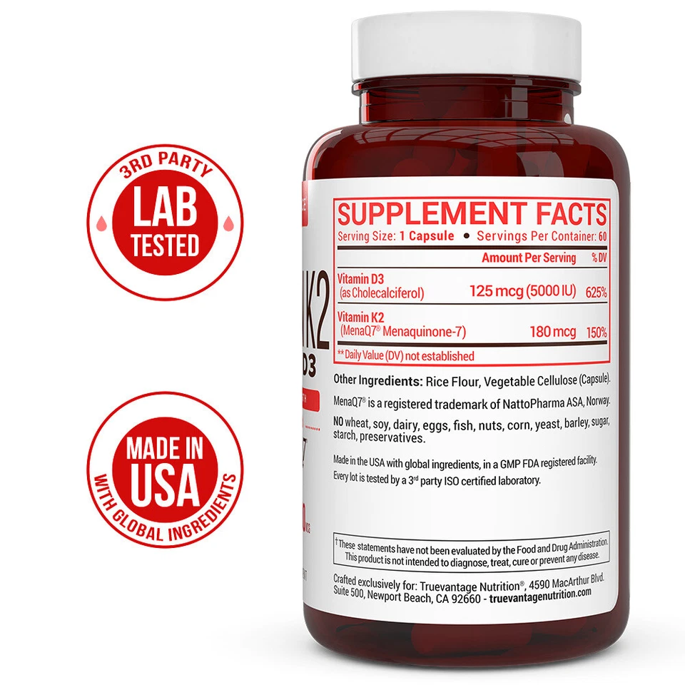 Vitamina K2 D3 con 180mcg K2 y 5000 UI D3 suplemento para la salud del corazón y los huesos Foto 3 de 4