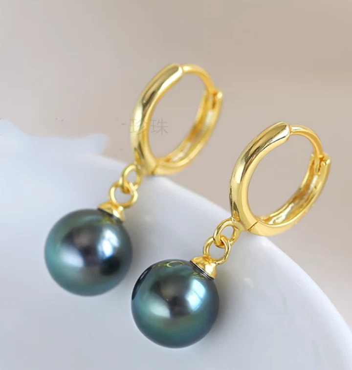 new AAA+ 10-9MM real natural round BLACK Tahitian PEARL EARRINGS 14K gold Dangle - Image 2 of 2