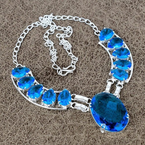 Swiss Blue Topaz Gemstone 925 Sterling Silver Handmade Jewelry Necklace Size-18"