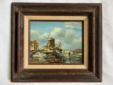 Antique original oil painting Figures on Iced River and Windmills signed framed