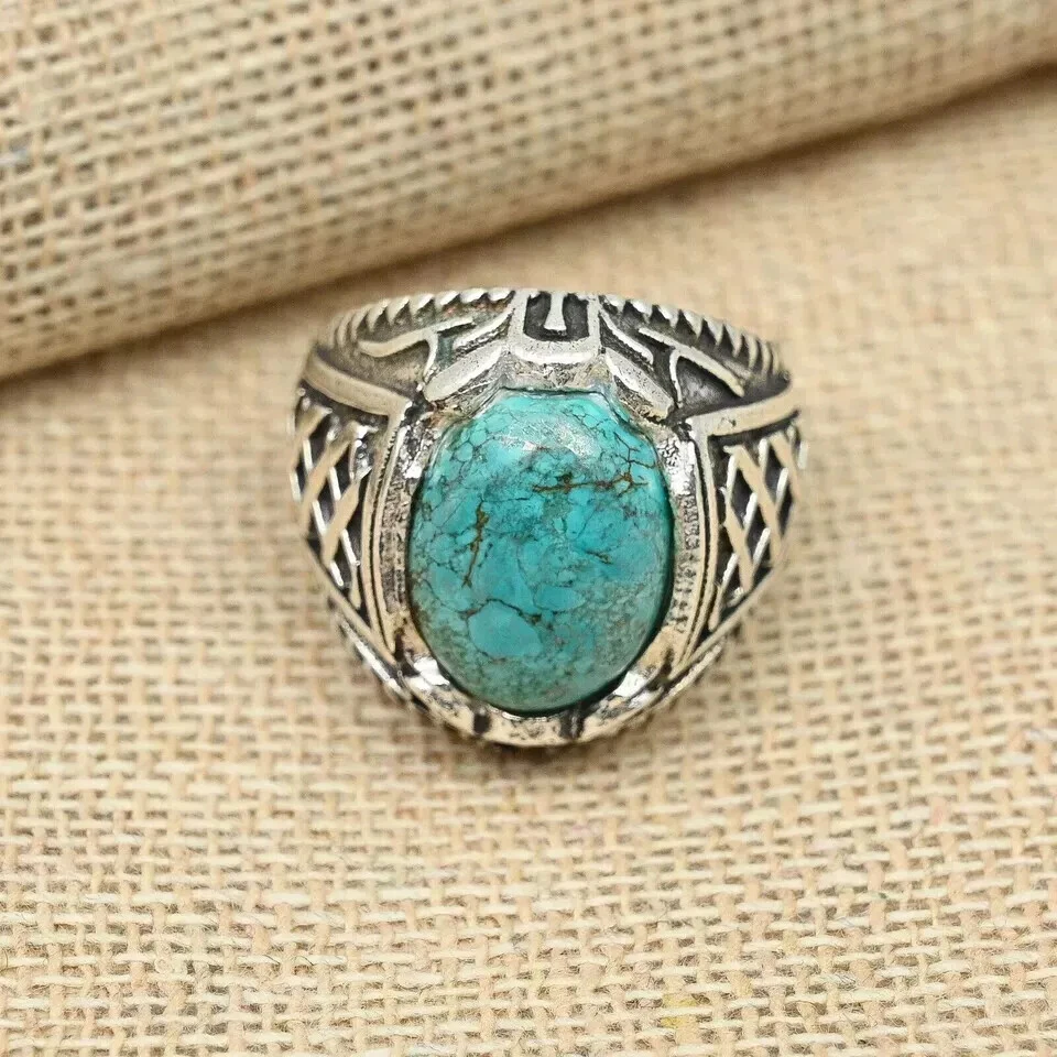 Anillo de plata de ley 925 con piedras preciosas turquesa para hombre todas las tallas D27 Foto 4 de 4