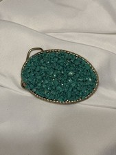 Chunky Oval Belt Buckle With Silver Plate And Turquoise Stones
