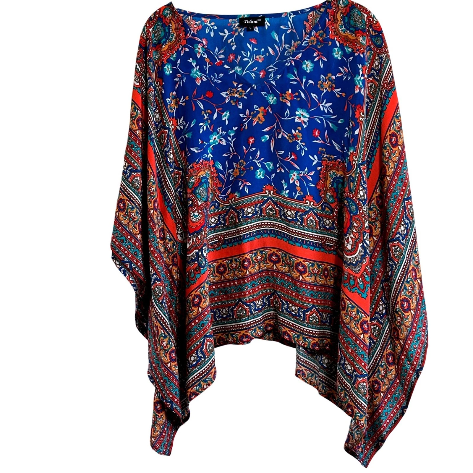 Tolani Collection 100% Silk Briyana Top Poncho Floral Geometric Print Size L