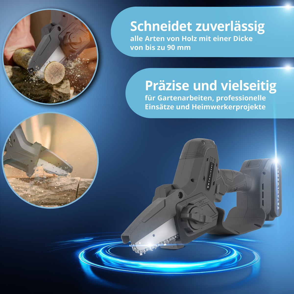 STAHLWERK Mini Akku Kettensäge Brushless Handkettensäge 4,8 m/s mit 2000mAh 3