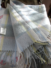 Vintage Pram Rug Fringed Blanket BOOTS Baby Crib Cover Pastel Grey Check Unisex