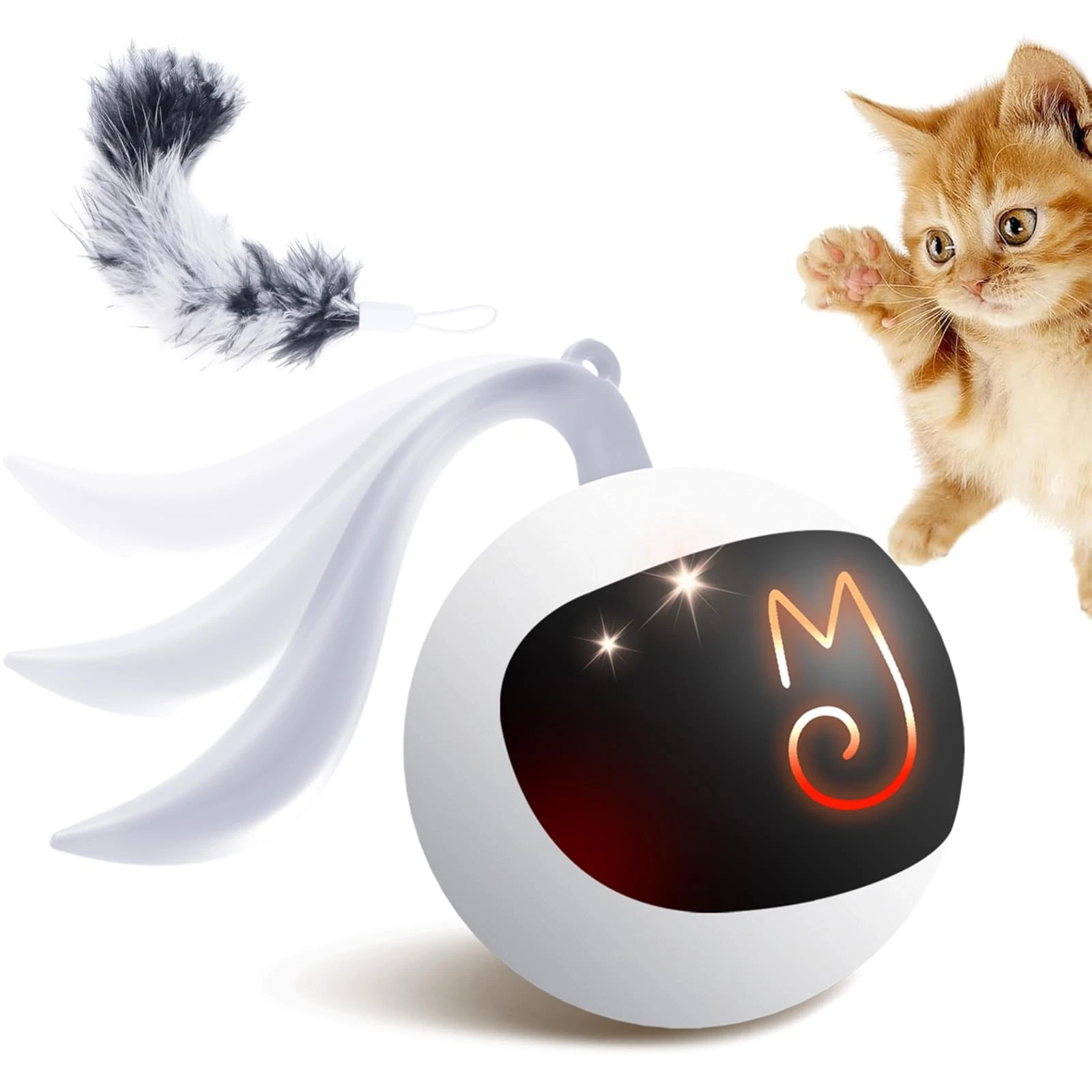 Migipaws Interactive Cat Ball Toy Set, Fun Tracker, Automatic Rolling White