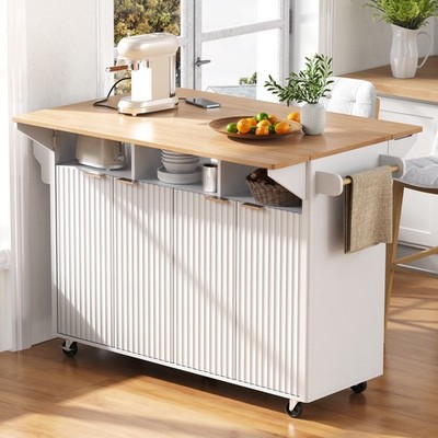 K&K 55.5'' Fluted Kitchen Island with 2 Drop Leaf, Kitchen Storage Cart with Po