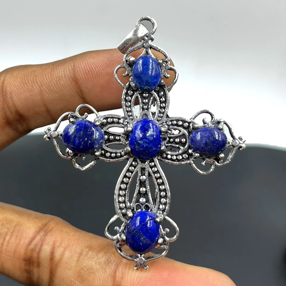 925纯银天然Lapis Lazuli宝石珠宝十字架吊坠 — 第 2/3 张图片