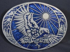 Vtg Award Design Medals ADM Belt Buckle Eagle Inlay Blue Marble Big White 3.75"