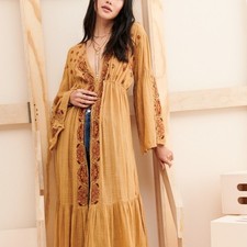 Free People Good Vibes Embroidered Kimono Duster Mustard Gold Size XS/S