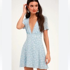 Lulus Women's Light Blue Floral Mini Sun Dress Size L
