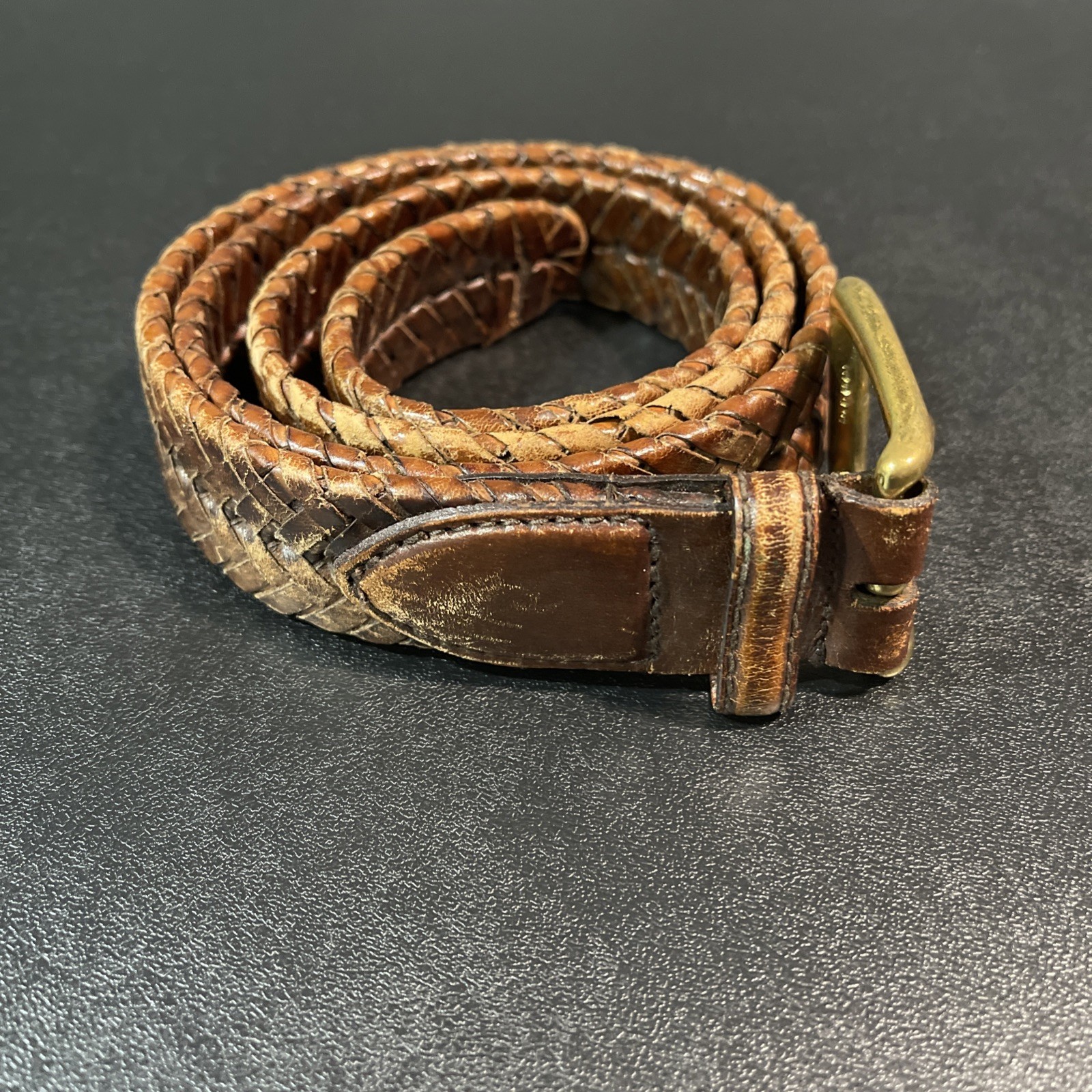 Eddie Bauer Mens 38 Belt Braided Weave Genuine Leather Brown Brass Buckle