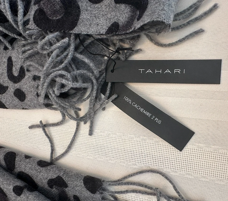 TAHARI 100% 2 PLY CASHMERE 动物印花 灰色/黑色 Throw Blanket 全新带标签 — 第 4/4 张图片