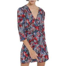 THE KOOPLES Black Red Paisley Floral 100% Silk Wrap Mini Dress Size 1 (US 4)