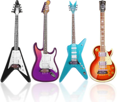 4Pcs Mini Electric Guitar & Bass Guitar Ornament, 1:12 Scale Wooden Miniature Mu