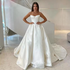 Satin A Line Wedding Dress With High Side Split ,Simple Elegant Bridal Gowns
