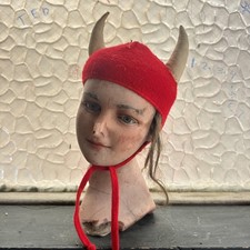 Vintage 1950s Devil Hat Headpiece Red Knit Cap Costume Homemade