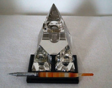 3 Antique Edwardian Glass Pyramid Inkwells & Silver/Agate  Dip Pen -1904