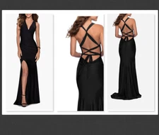 NEW  La Femme Sleek Prom Dress with Deep V-Neckline and Tie Back  Size 6   #B702