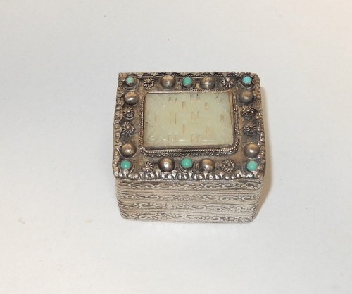 LARGE CHINESE CARVED WHITE JADE SILVER PLATED METAL MAKEUP MIRROR JAR BOX - Picture 2 of 5