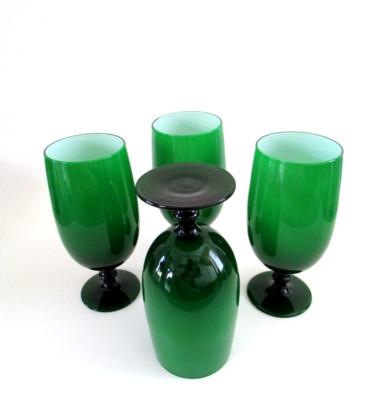 Vintage Carlo Moretti Murano Emerald Green White Case Water Goblets Set of 4