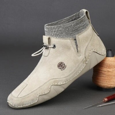 Genuine Leather Men's Slip-on Casual Sneakers Winter Outdoor Walking Flat Shoes
