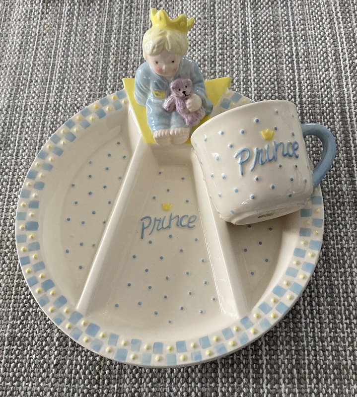 Mud Pie Crown PRINCE Baby Boy Ceramic Cup & Divided Plate Set, Keepsake