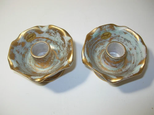 Vintage Pair Stangl Aqua Blue & 22KT Gold Candle Holders 5069 Art Pottery Labels
