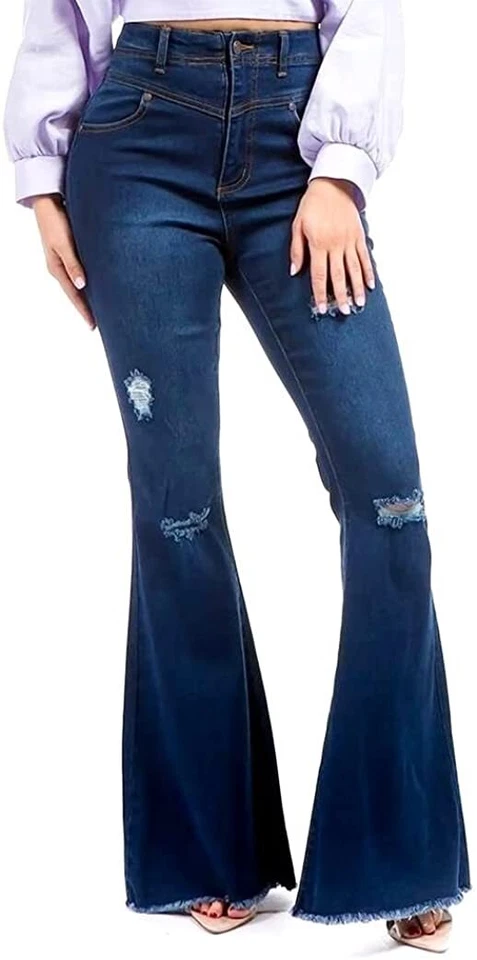 Sweet Look Womens Juniors 70s Trendy Flared  Distressed Bell Bottom Denim JEANS - Image 4 of 4