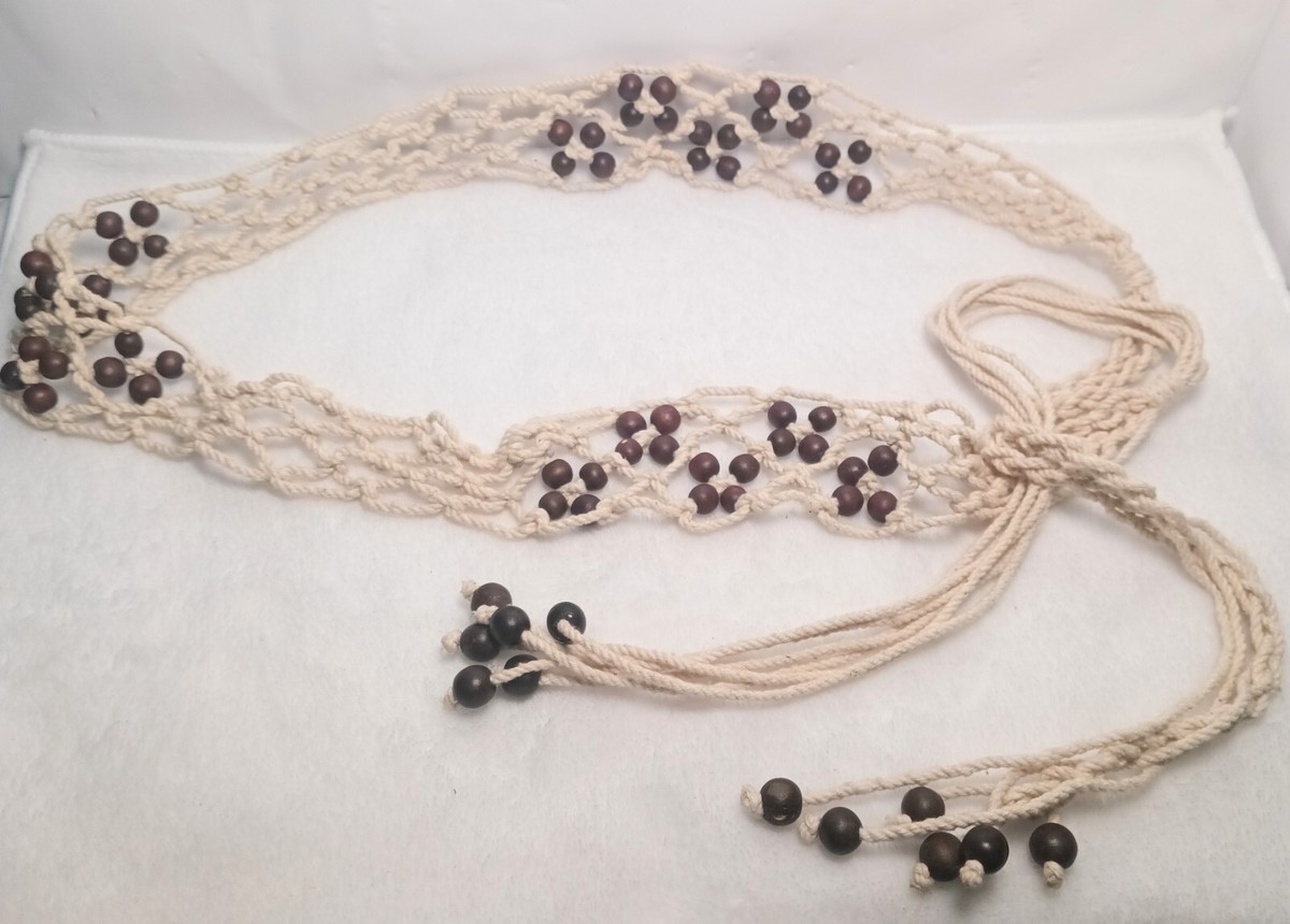 Vtg Y2K Rope Belt Boho Braided Beaded Tassel Ivory Color 
