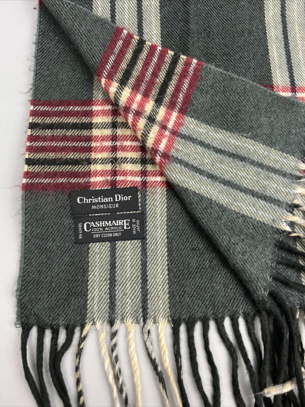 Écharpe Christian Dior Monsieur Cashmaire gris & plaid bourguignon 56”*11” RN 61486