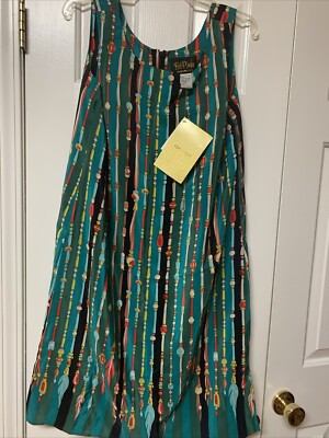 NWT BOB MACKIE WEARABLE ART 100% SILK  SHIFT DRESS ~ Medium Green Beads Pattern