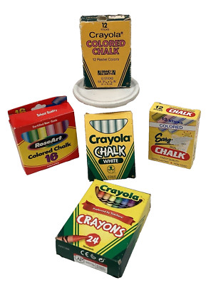 Lot Of 5 VTG Box Crayola Sargent RoseArt Crayons & Colored & Wht Chalk New/Used