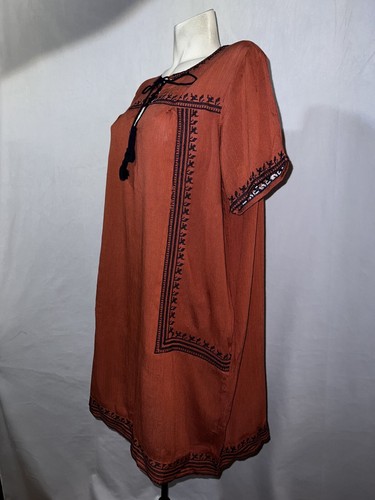 New J GLEE Dress Women's Size XL Brown w/Embroidered Trim Short Sleeve Tunic - Picture 4 of 6