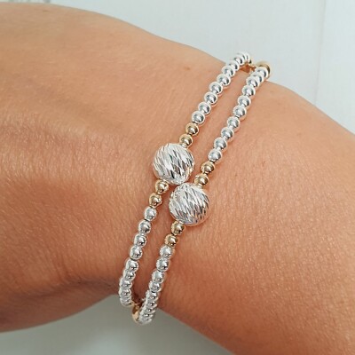 2 x Sterling Silber & Gold Disco Stretch Perlen Armbänder, Stapelarmbänder 