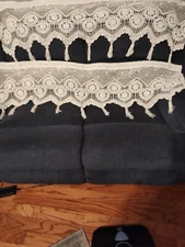 TwoVntg. Beige Crocheted Valances 54-58" X 15"with tassels 19"