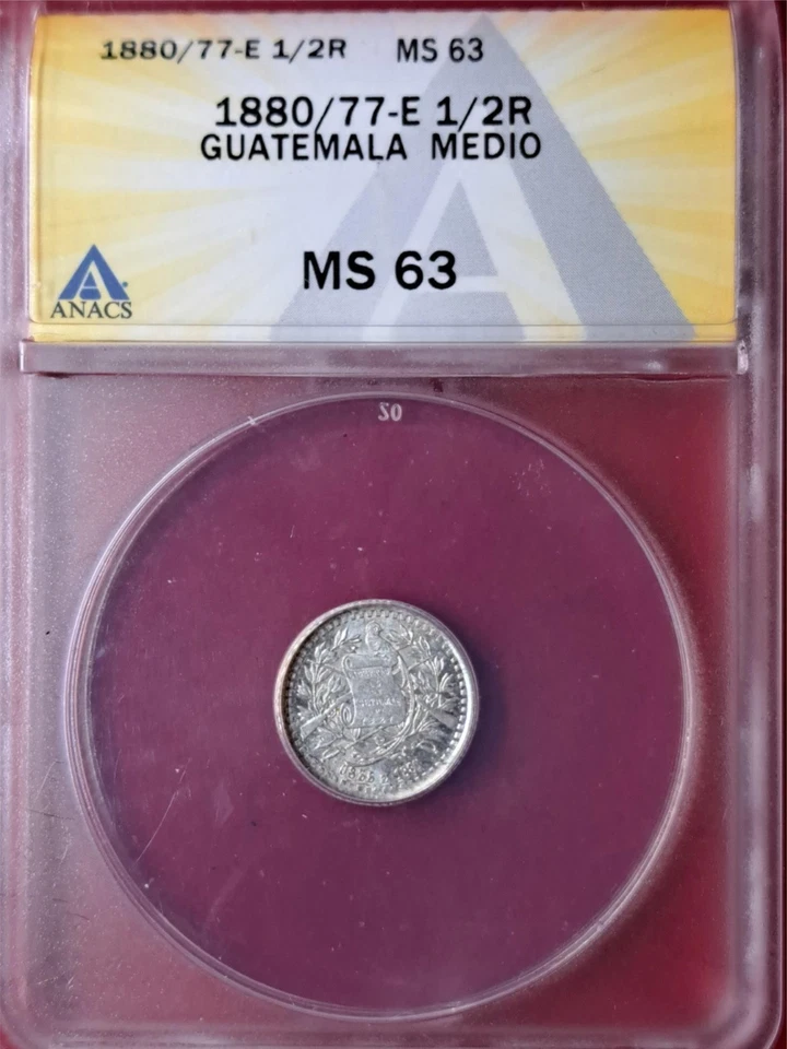 1880/77 Guatemala ½ Real – ANACS MS63 – Silver Overdate Variety – Scarce!(7.12) - Image 2 of 2