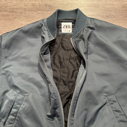Zara Bomber Jacket Mens XL Blue Green Satin Full Zip Flight Coat Herrington - Picture 3 of 8